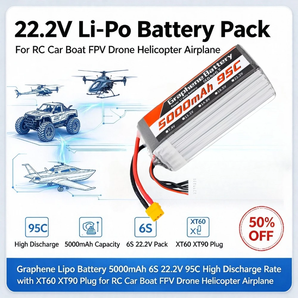 Batería Lipo de grafeno de 500 - 6S Lipo Battery 22.2V 5000Mah reseña y precio